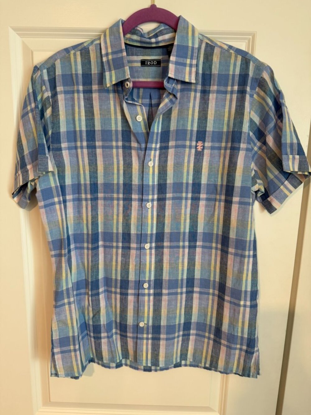 IZOD Men's Blue Plaid Linen Blend Button Front Shirt Short Sleeve Size Medium
